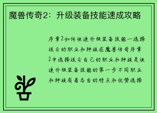 魔兽传奇2：升级装备技能速成攻略