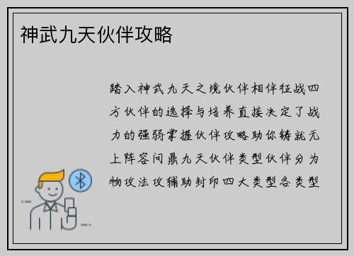 神武九天伙伴攻略