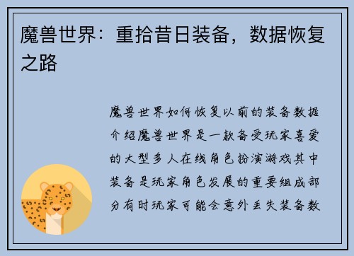 魔兽世界：重拾昔日装备，数据恢复之路